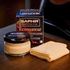 Applying SAPHIR Renovateur to dress shoe, restoring suppleness and soft shine benefit