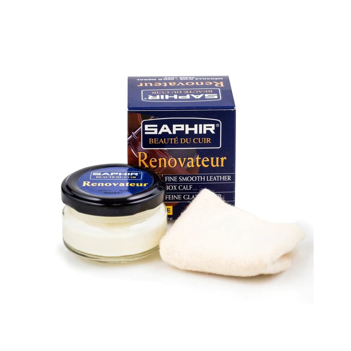 SAPHIR Renovateur jar front showing label and compact 50ml size, professional benefit