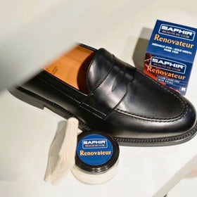 SAPHIR Renovateur on a dresser with shoes, demonstrating home leather care routine benefit