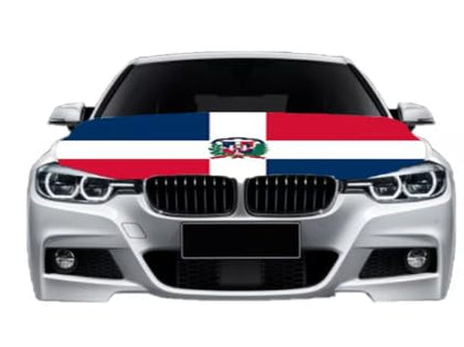 Sapphirem Dominican flag hood cover front view showing protective fit and bold design
