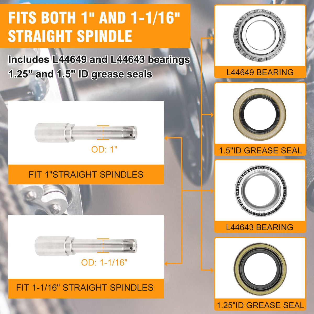 Saree hub installed on a trailer spindle in-use, illustrates correct straight-spindle fit