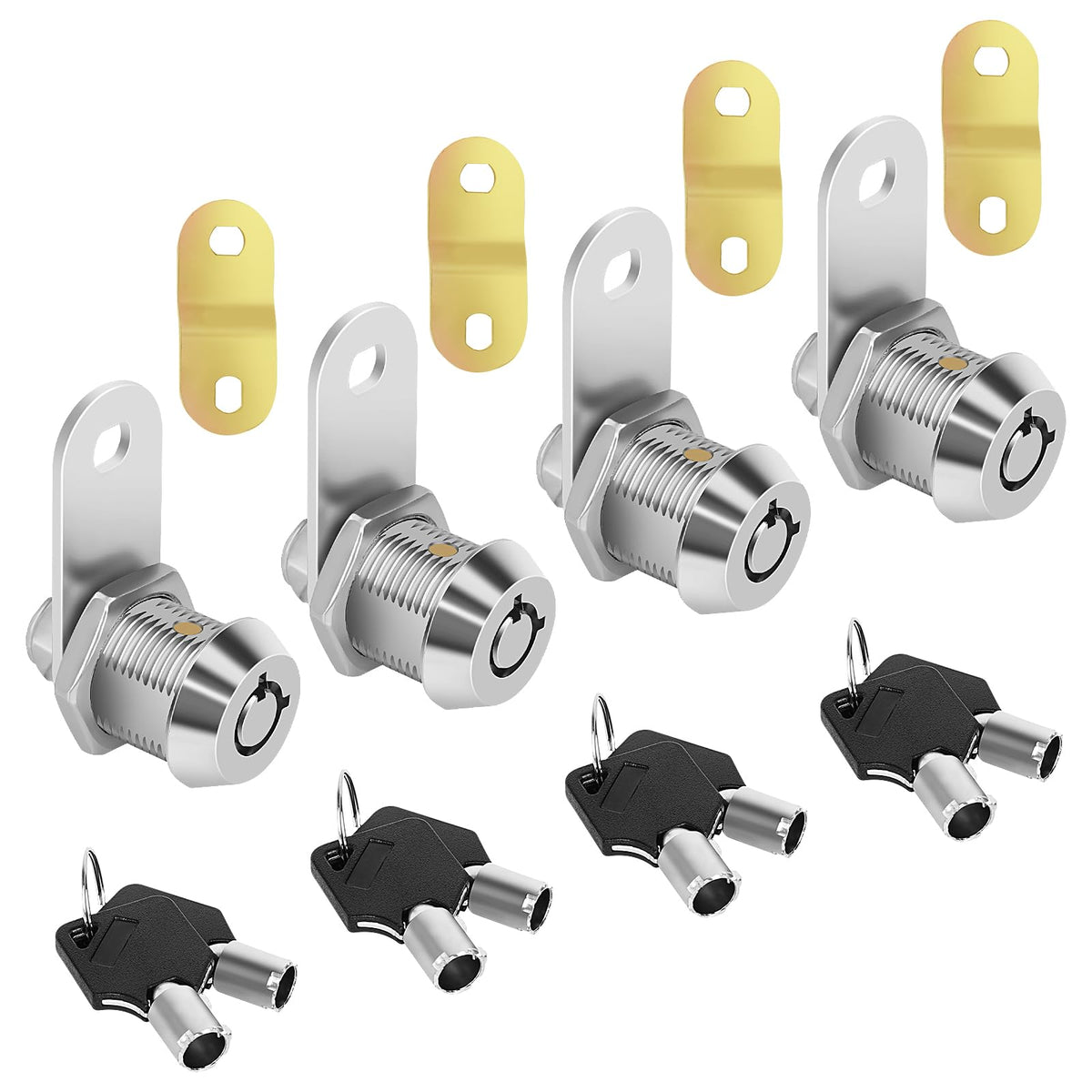 Sartatue front view of four chrome cam locks showing compact profile and consistent keys for easy access