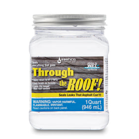 Sashco clear roof sealant front packaging showing label and quart benefit
