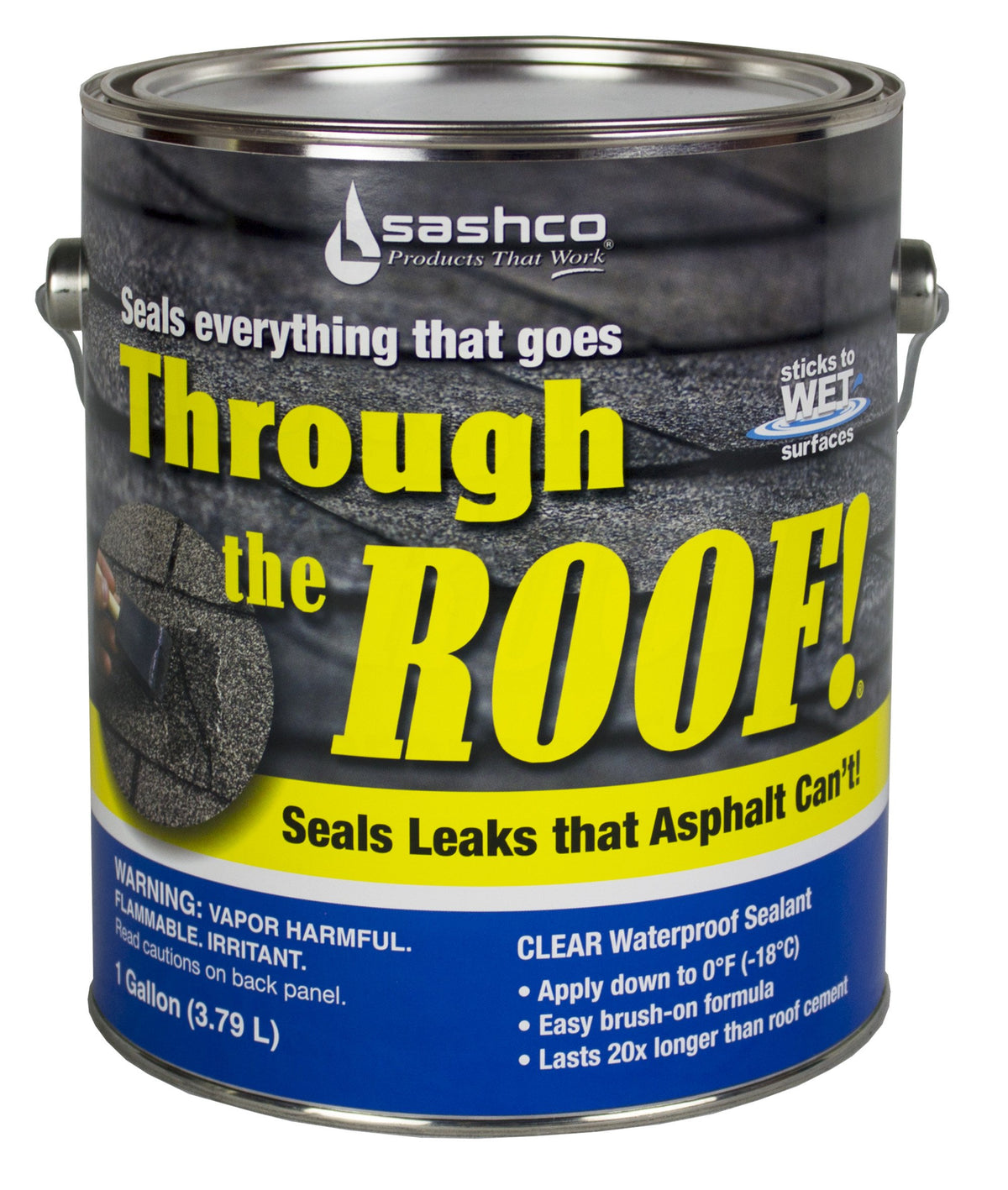 Sashco clear roof sealant gallon container front showing label and product benefit