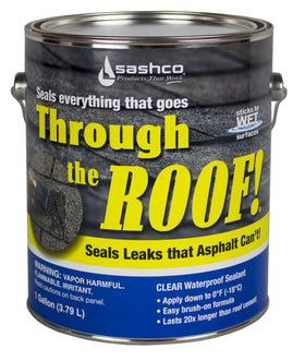 Sashco clear roof sealant gallon container front showing label and product benefit