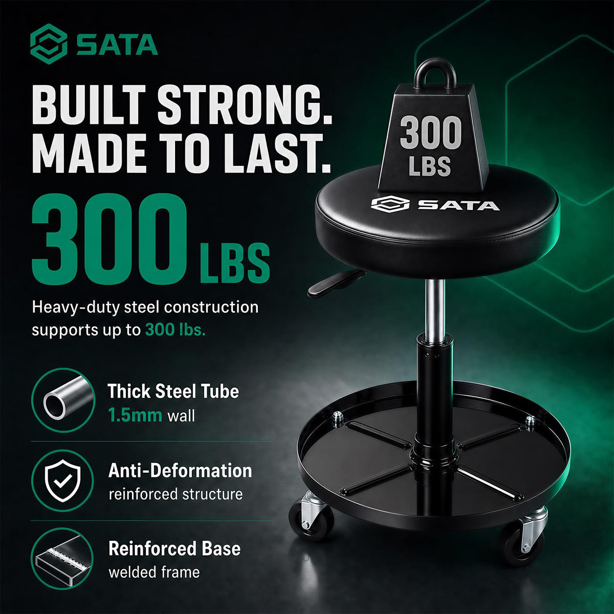 SATA caster detail demonstrating smooth-rolling mobility across floors