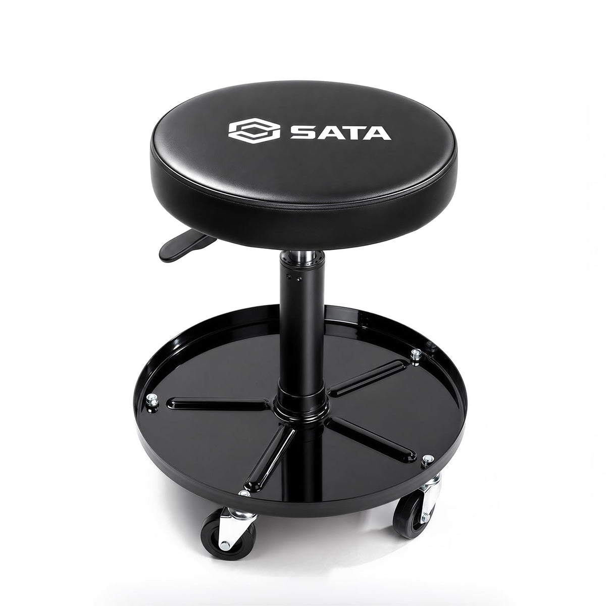 SATA front view of rolling stool showing sturdy base and seat for stability
