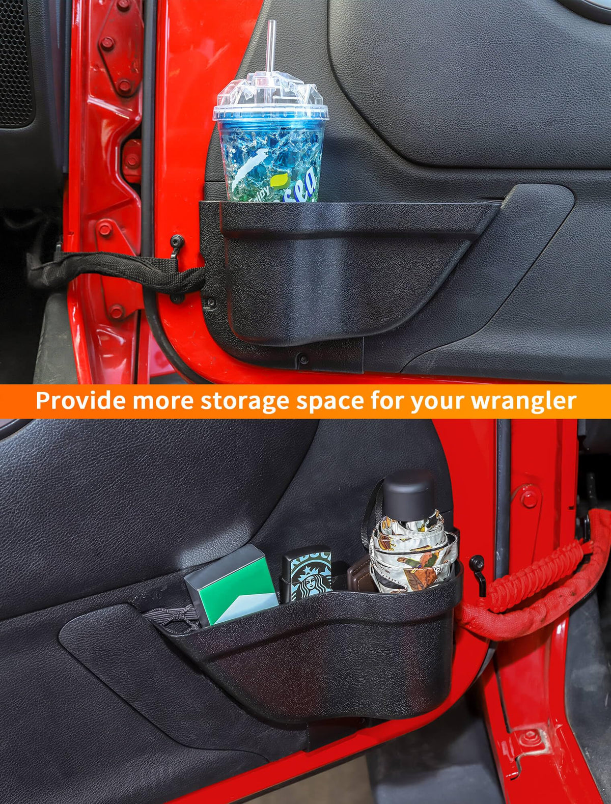 Savadicar DP3 mounted on Jeep Wrangler left front door illustrating neat organization and secure storage