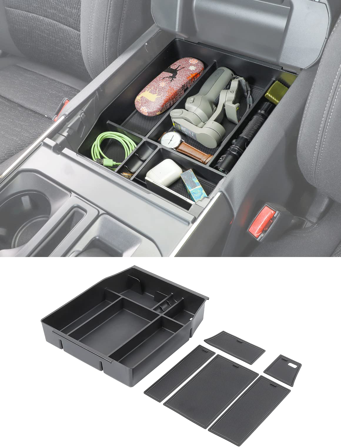 Savadicar front view of center console tray showing organized compartments and quick access benefit