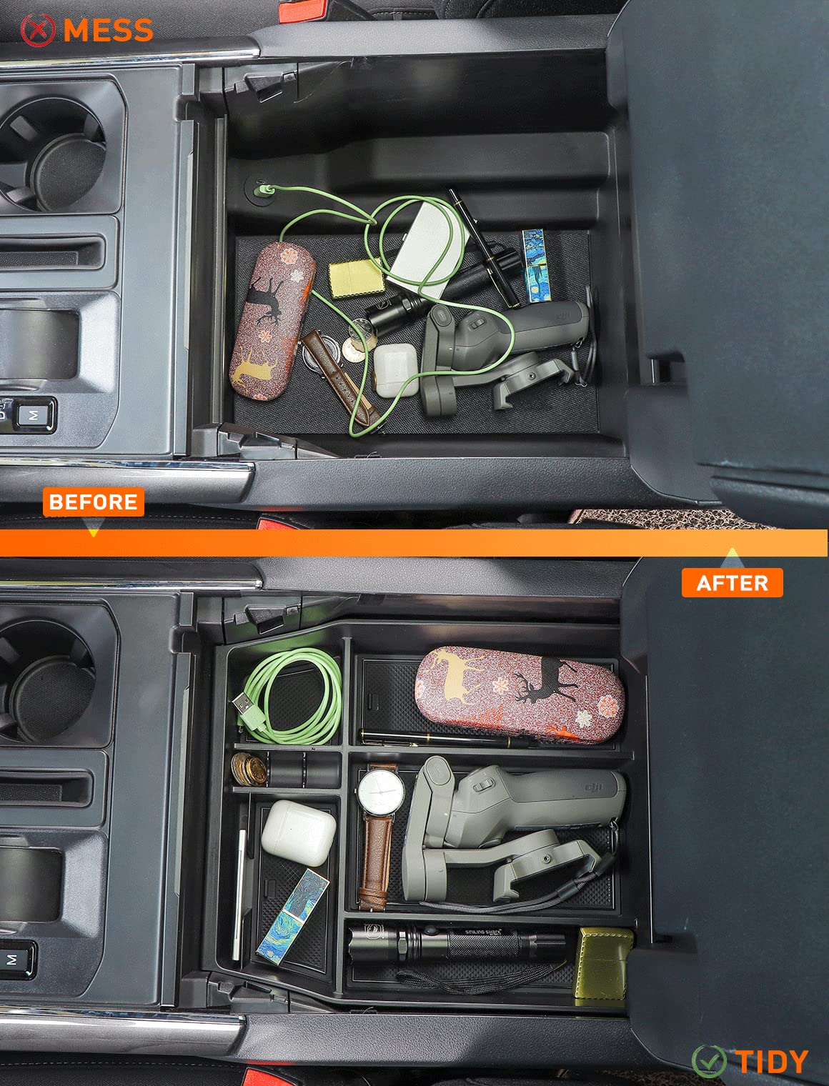 Savadicar tray with phone, keys, coins showing size comparison and improved accessibility
