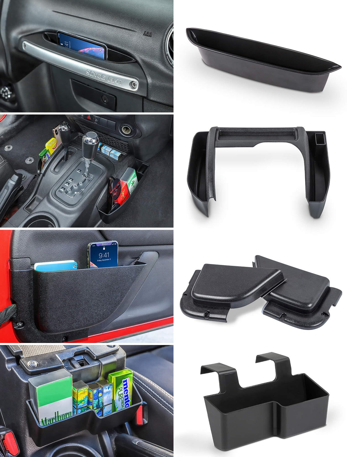 Savadicar front view showing 4-piece organizer kit and ready-to-install benefit