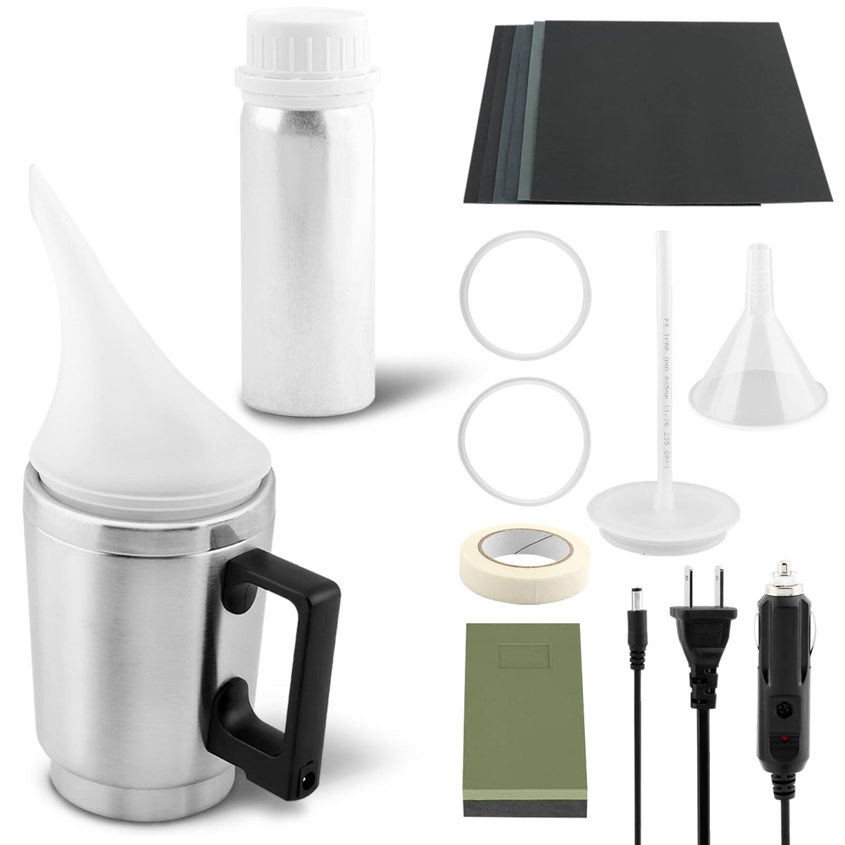 Saycker sanding board and funnel scene showing preparation tools for controlled sanding and fluid refill