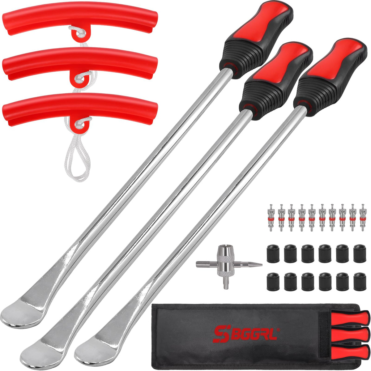 SBGGRL front view of three 14.5-inch tire spoons showing polished finish and handles, durable leverage