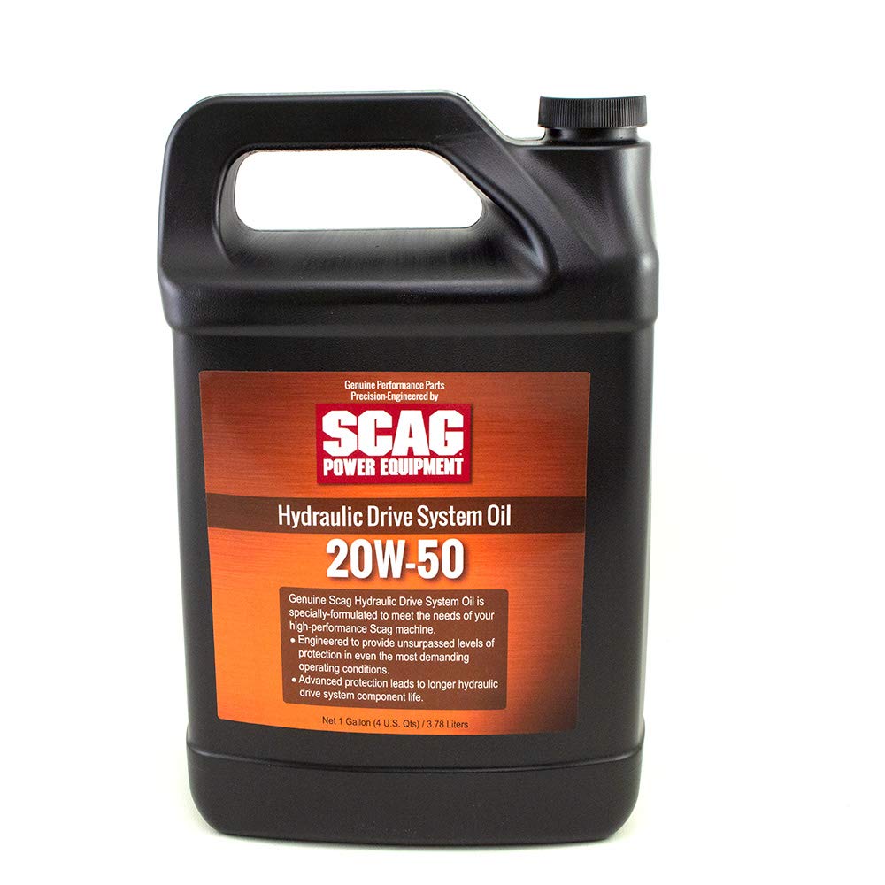 Scag 20W-50 hydro oil gallon front label showing product and OEM protection