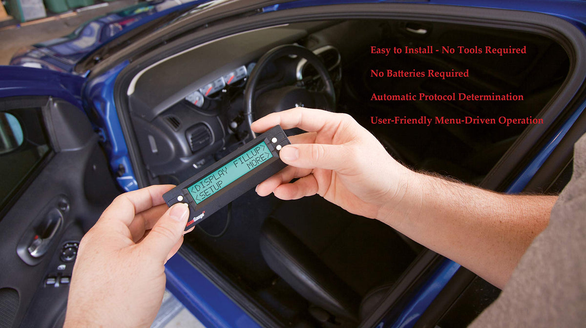 ScanGauge SG2 displayed in driving scene showing live gauges that improve fuel decisions