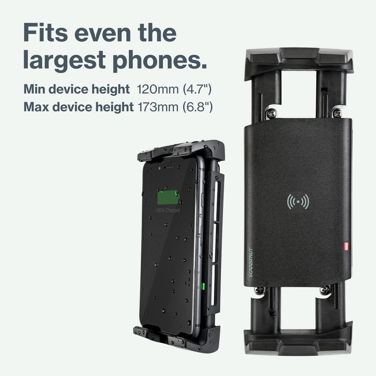 Scanstrut Active 15W with phone under spray demonstrating waterproof charging reliability