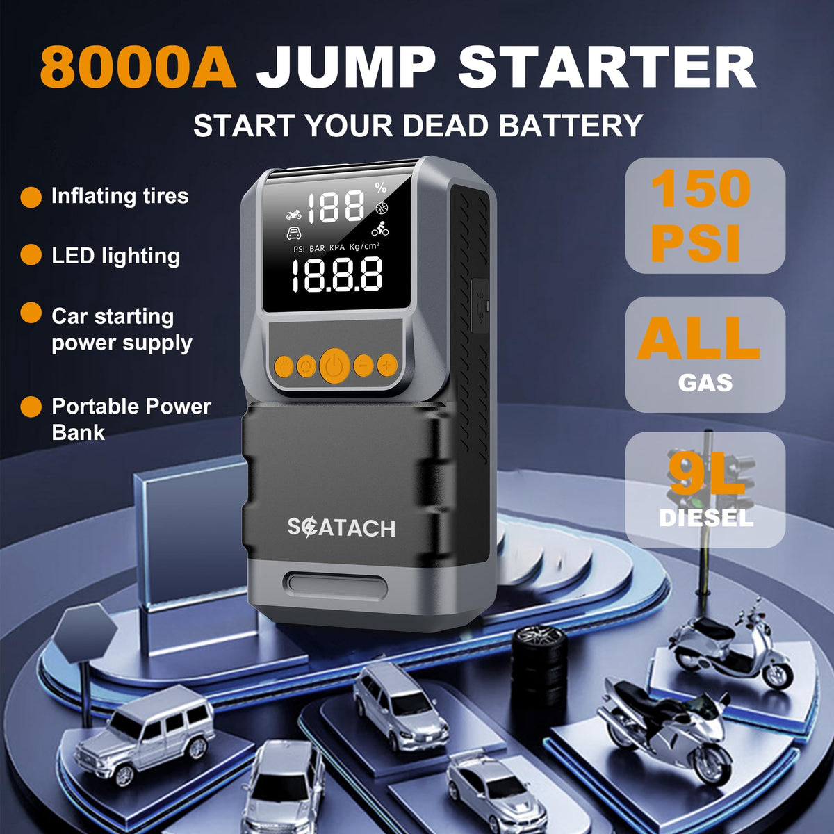 Scatach air compressor LED display showing pressure and battery clearly