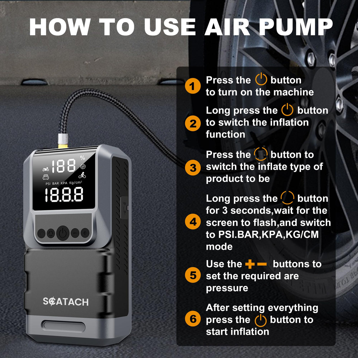 Scatach air compressor hose and nozzle attached for fast tire inflation