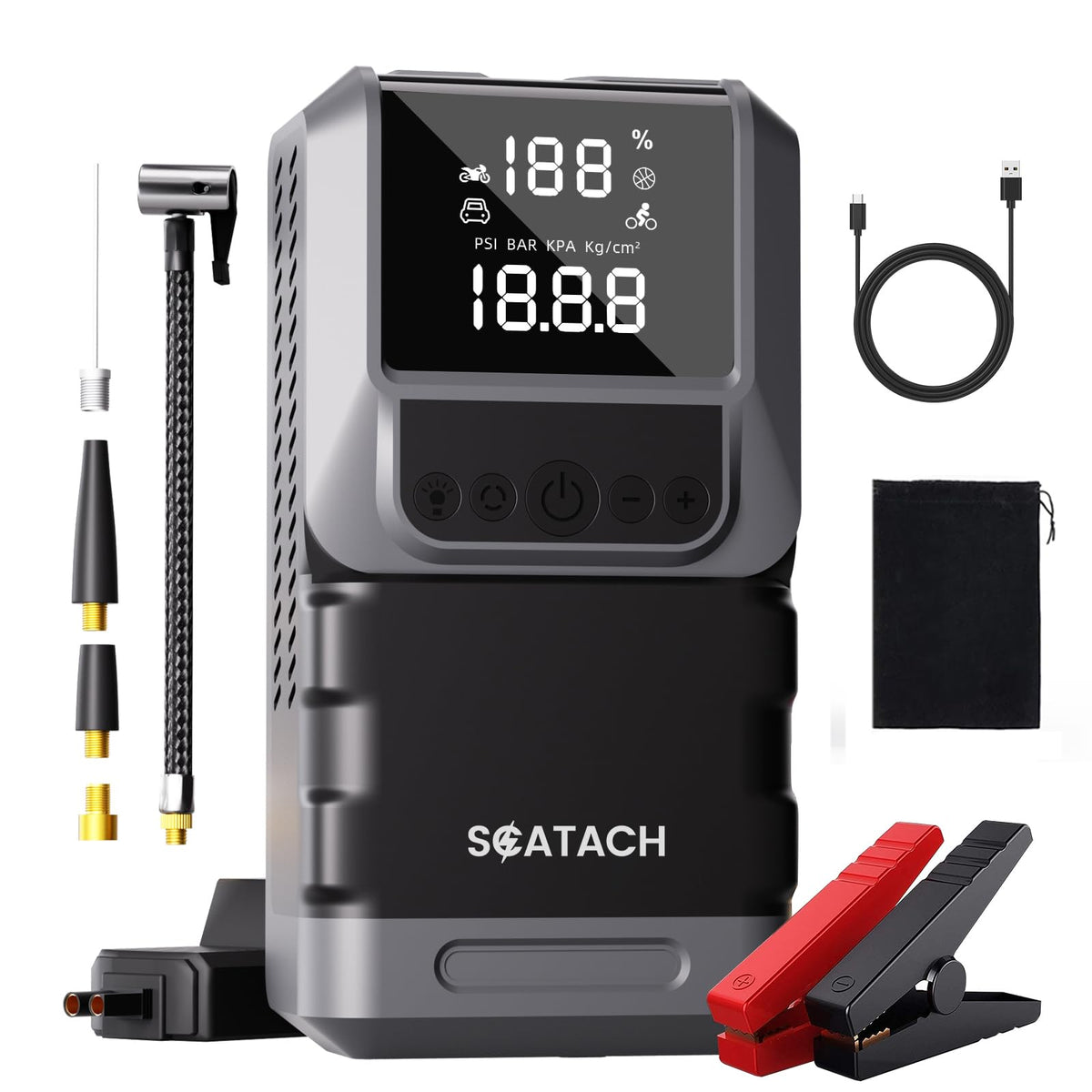 Scatach front view of jump starter showing ports and handle for easy transport
