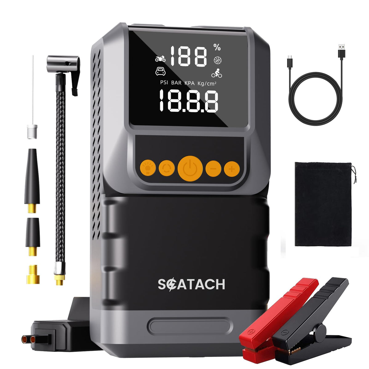 Scatach front view showing jump starter design and portability benefit