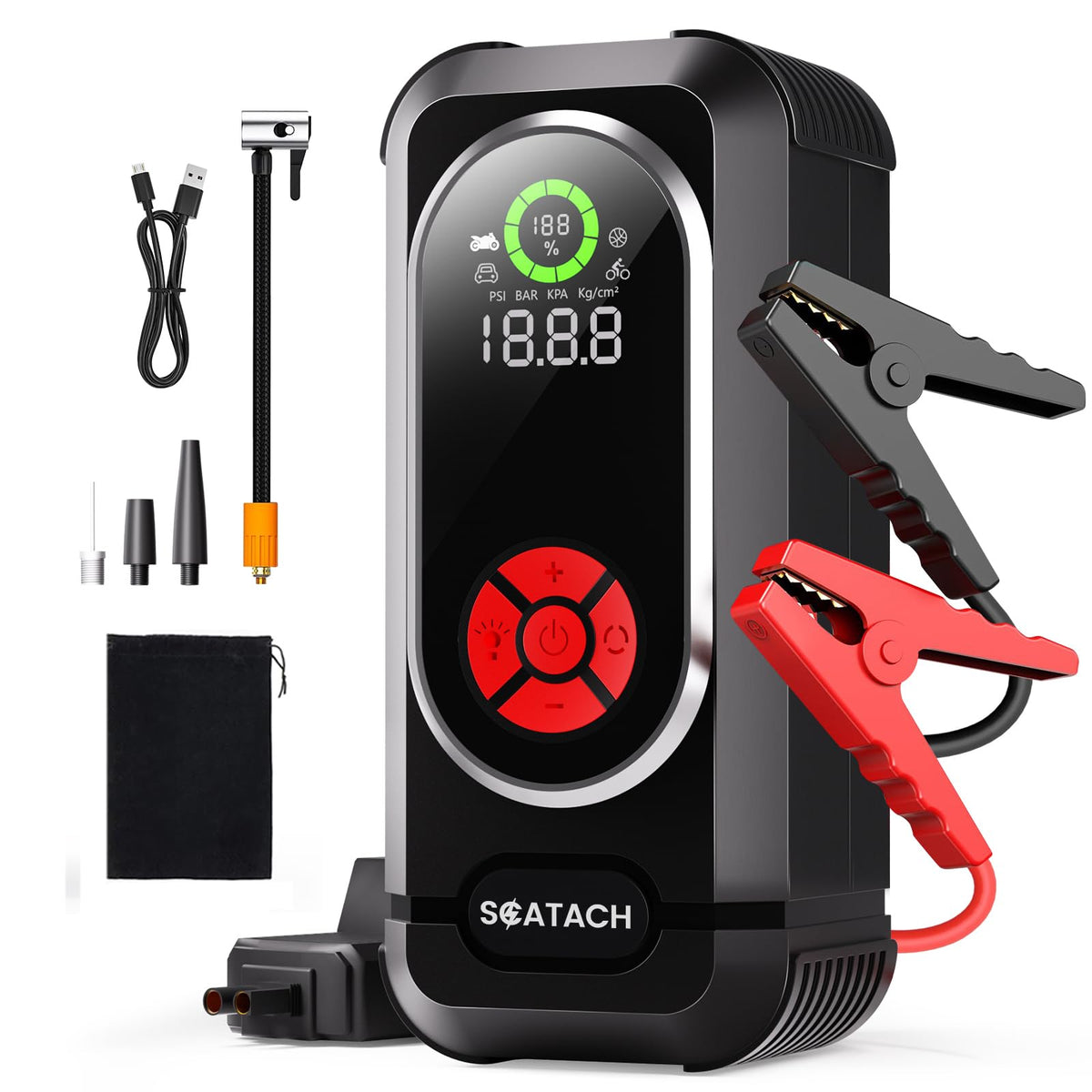 Scatach front view of jump starter showing ports and handle for easy transport