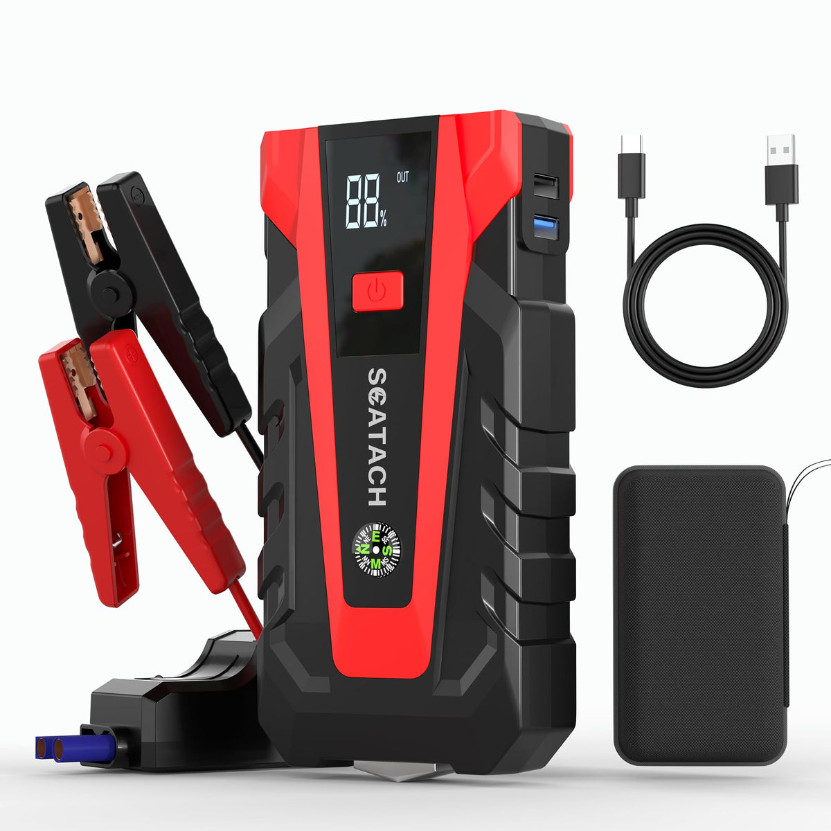Scatach front view showing compact jump starter and portability benefit