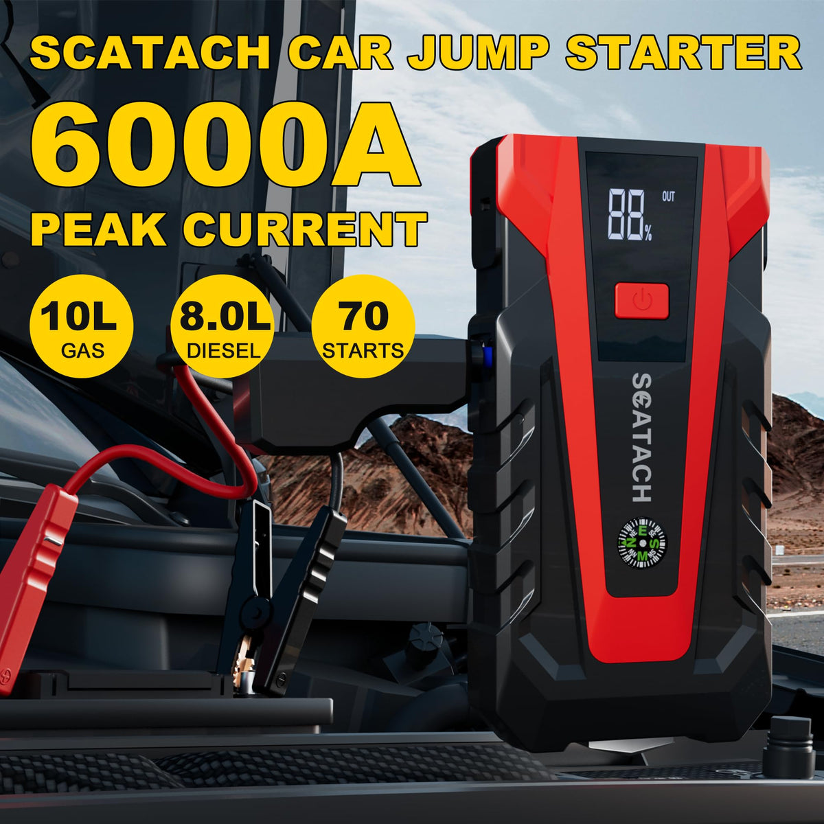 Scatach jumper cables and LED display highlighting smart cable safety and status indicators