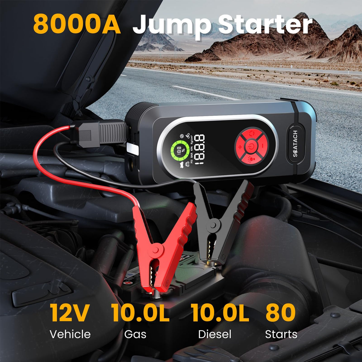 Scatach smart jumper cables connected to battery demonstrating safe setup