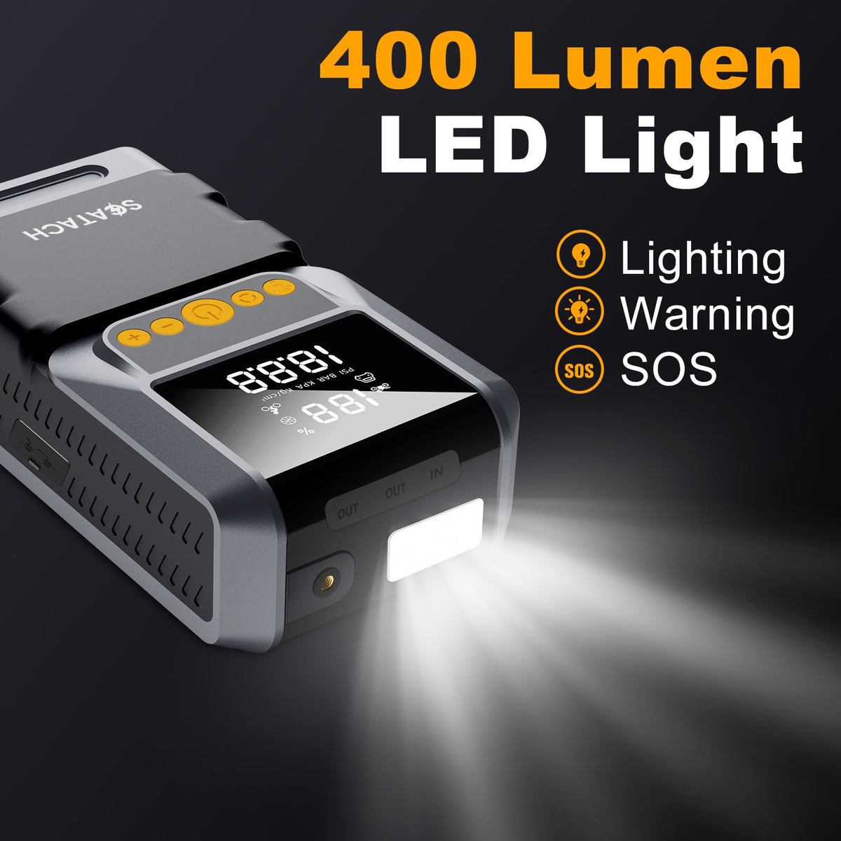 Scatach LED light illuminated showing SOS and strobe for roadside visibility