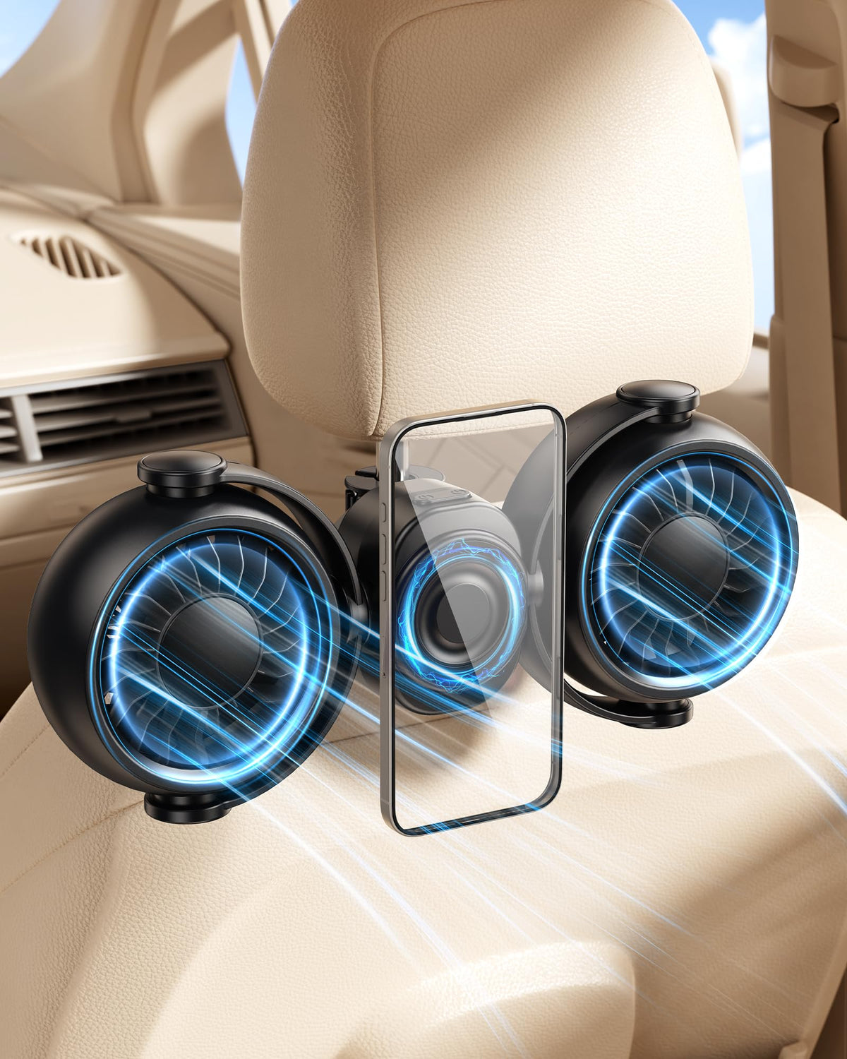 scenein front view on headrest showing mount and neat installation comfort