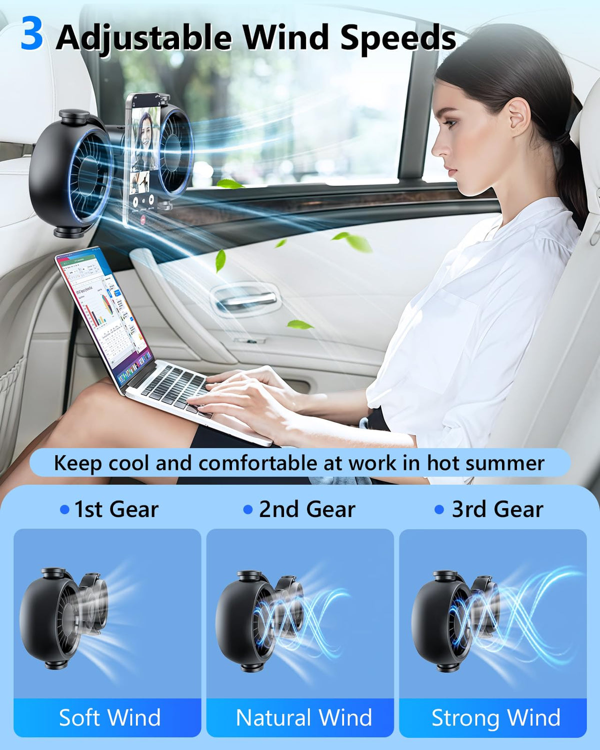 scenein in a family car backseat showing quiet cooling for passengers