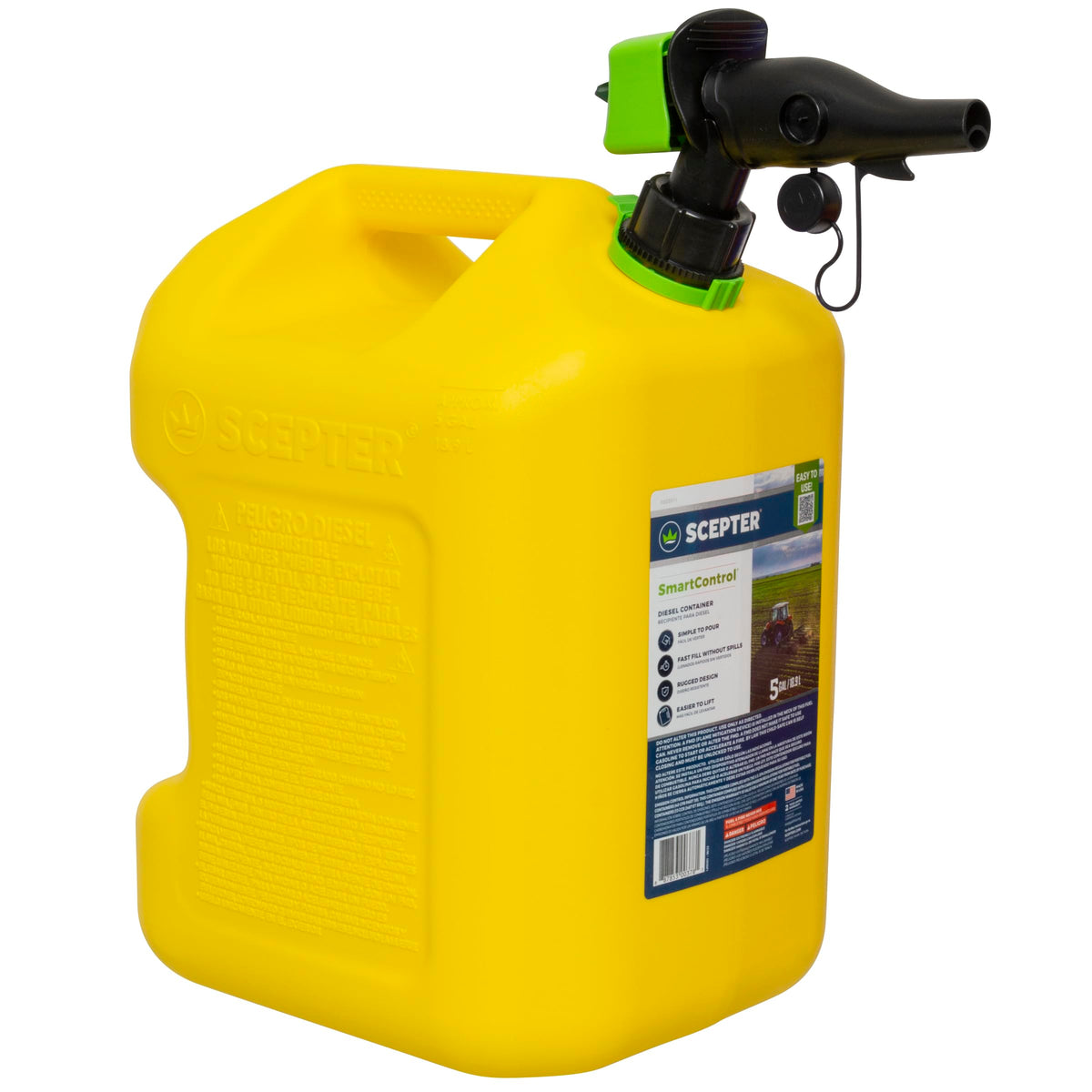 Scepter 5 gallon diesel can front view showing shape and capacity benefit