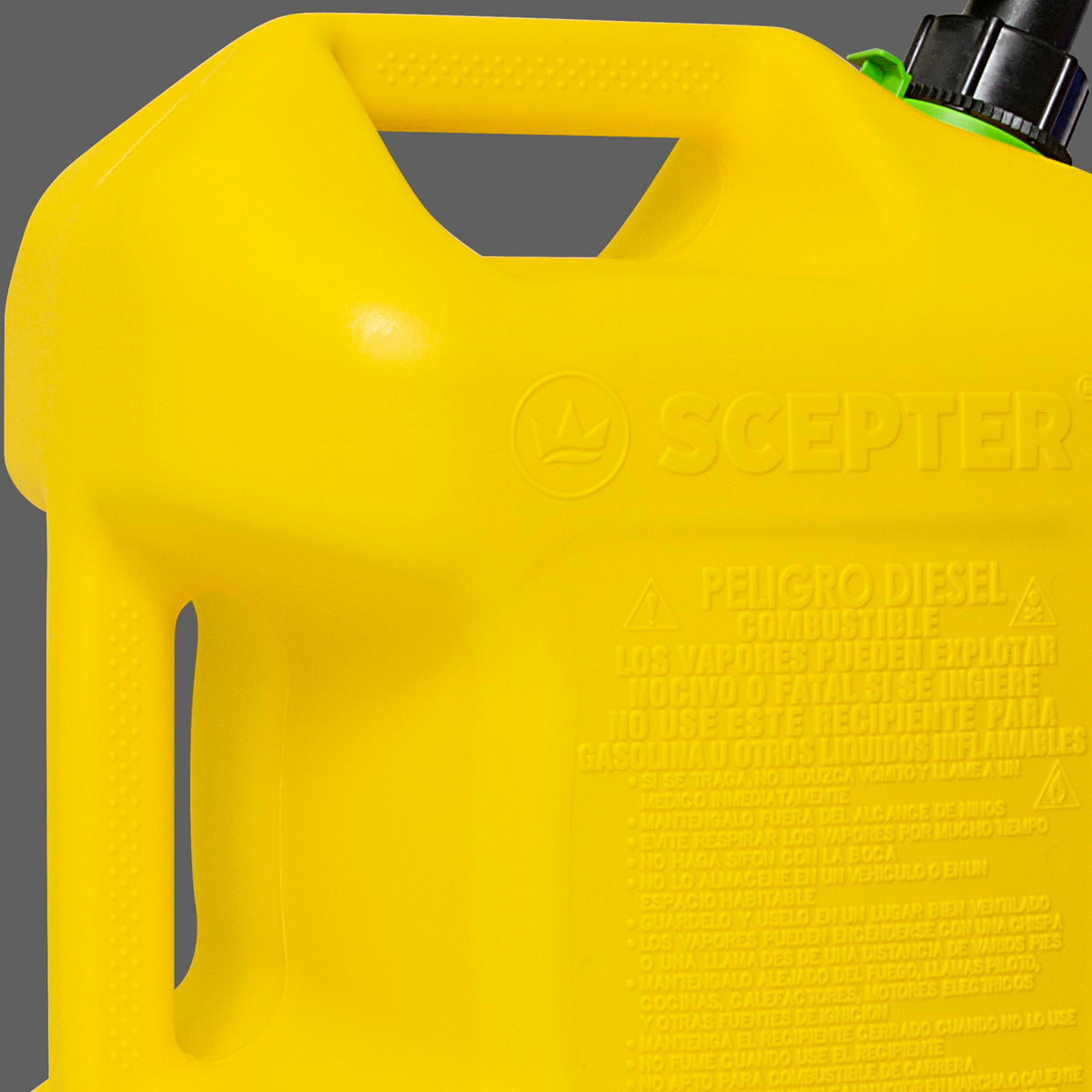 Scepter label and safety cap close-up showing compliance and child safety