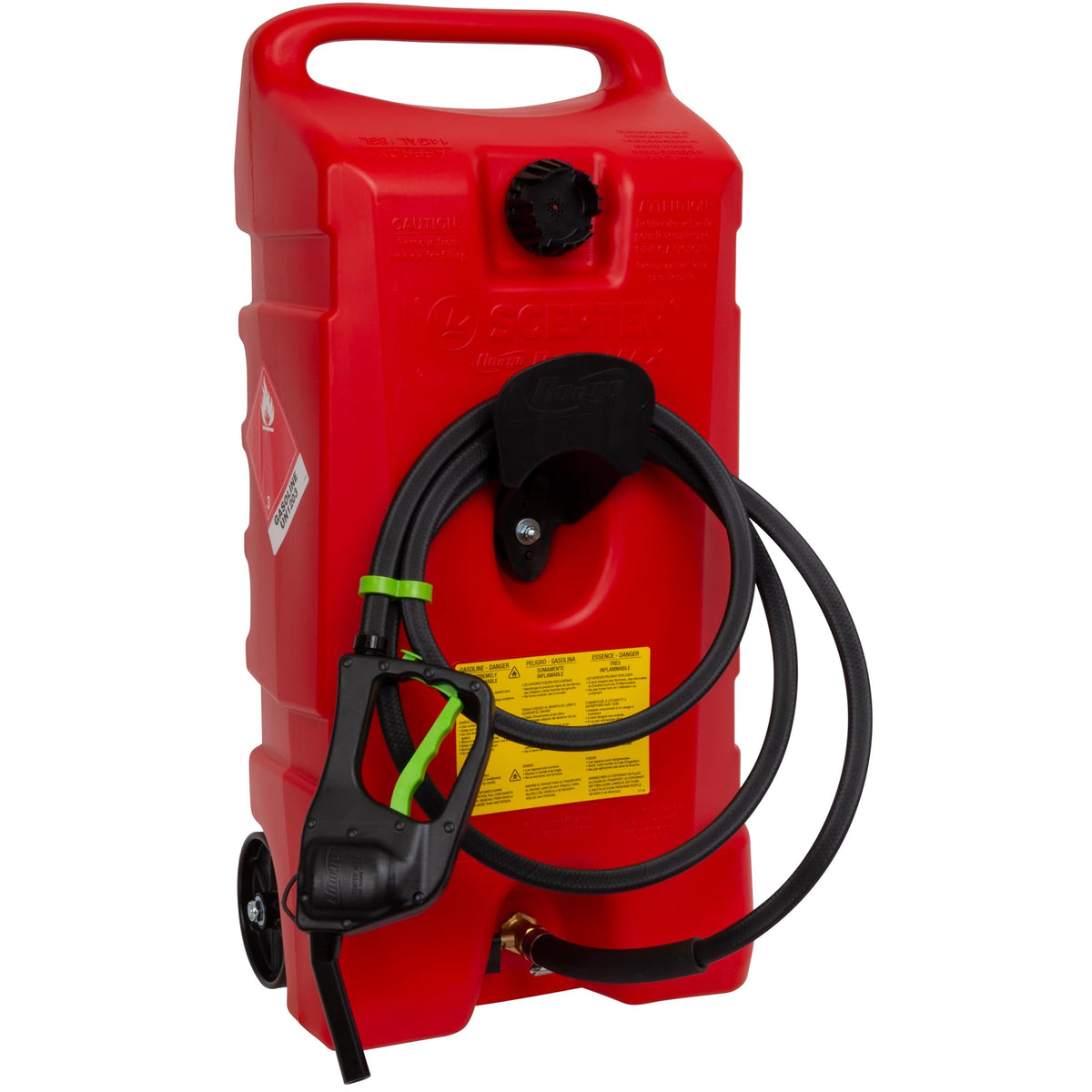 scepter Duramax Flo ’N Go front view showing red fuel caddy and mobility