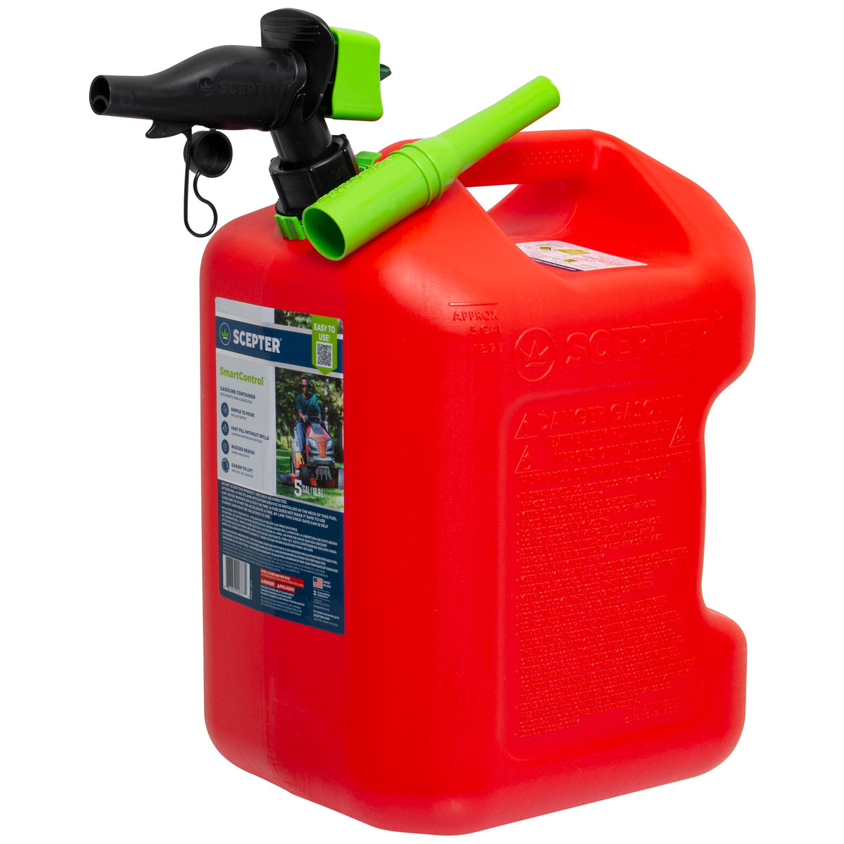 Scepter red gas can front view showing shape and capacity for easy storage