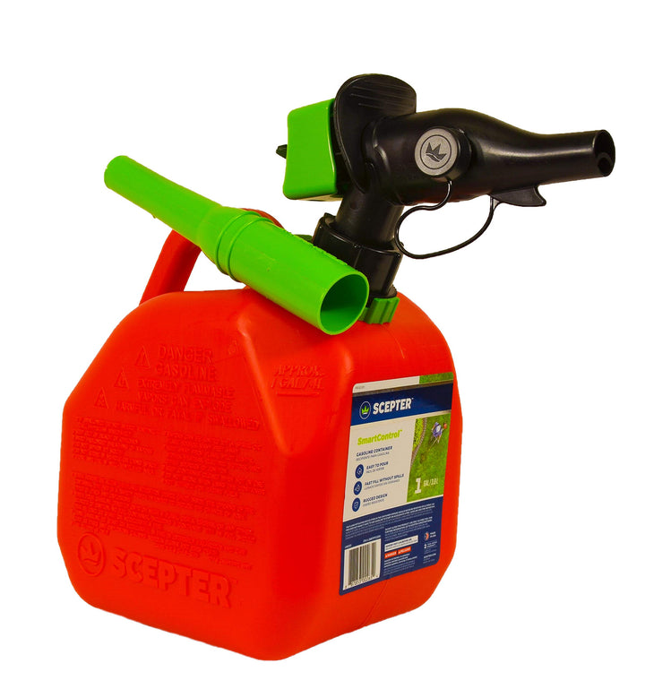 Scepter front view of red 1-gallon gas can showing compact design and portability