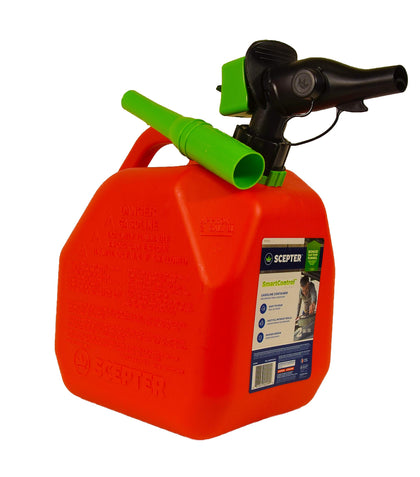 Scepter front view of 2 gal gas can showing red body and handle benefit: easy carrying