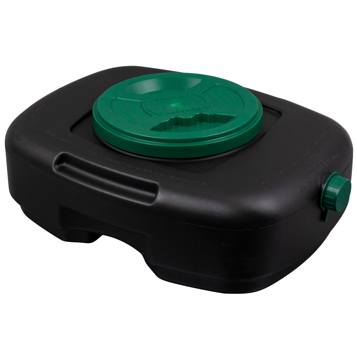 Scepter front view of lidded oil drain pan showing sealed transport advantage