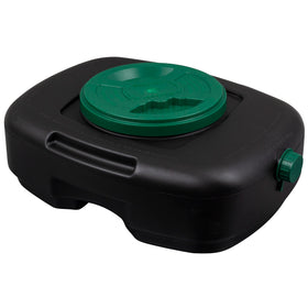 Scepter front view of lidded oil drain pan showing sealed transport advantage
