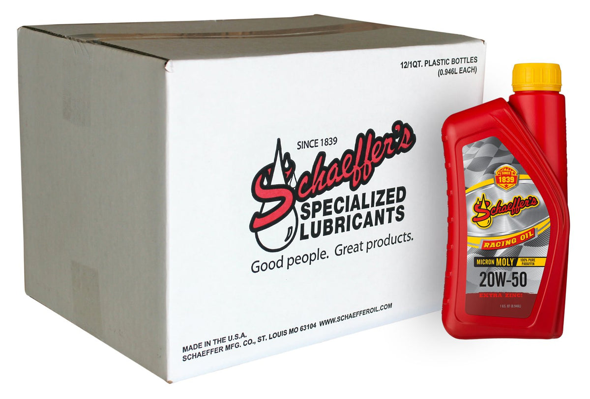 Schaeffer Micron Moly front label showing 20W-50 quart bottle and racing benefits