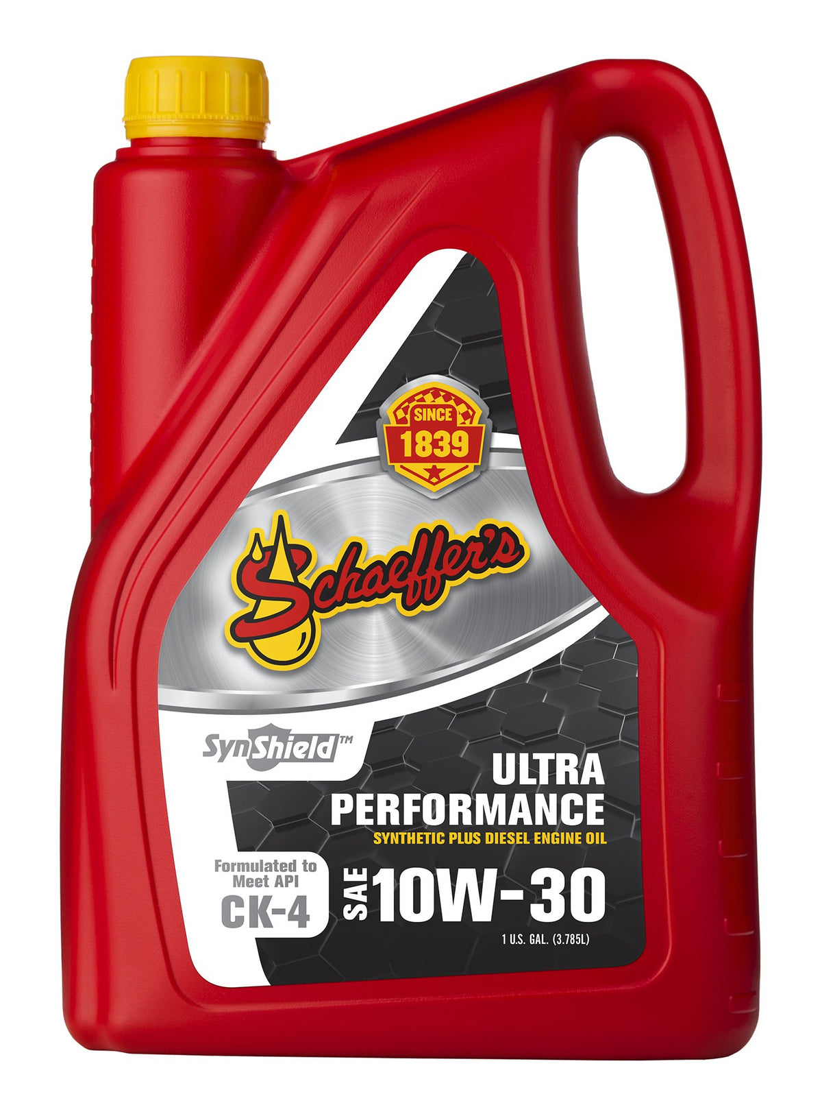 Schaeffer SynShield 10W-30 gallon front label showing durable engine protection