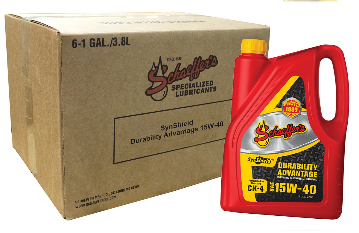 Schaeffer SynShield 15W-40 front label showing product and durability benefits