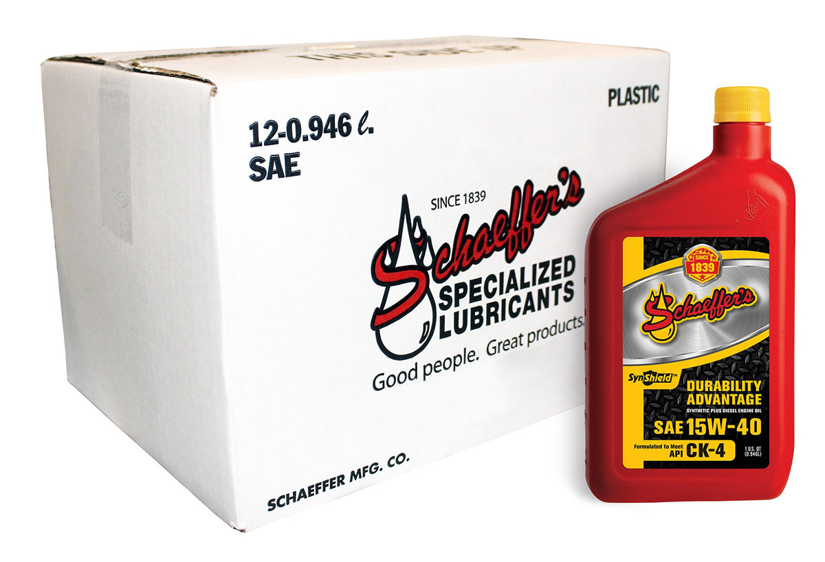 Schaeffer SynShield 15W-40 front label showing product and durability benefits