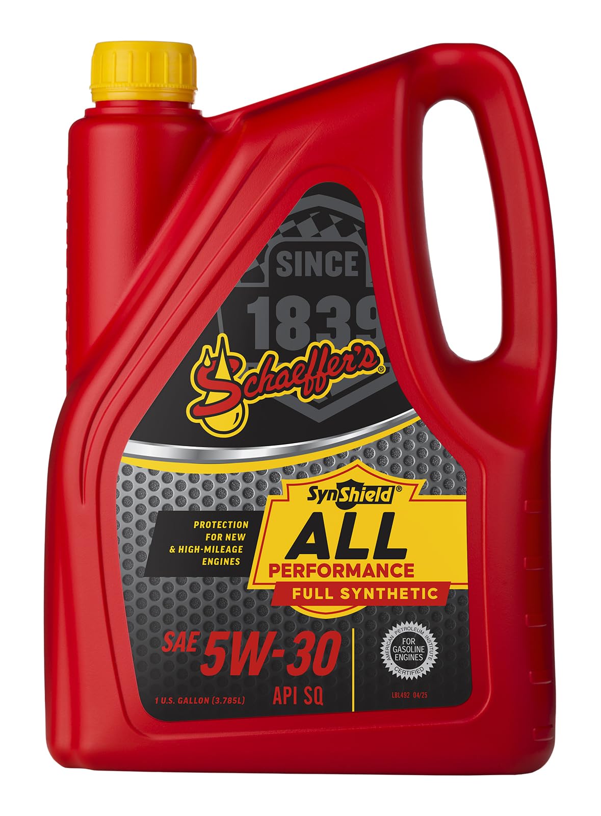 Schaeffer SynShield 5W-30 gallon front label showing engine protection benefits