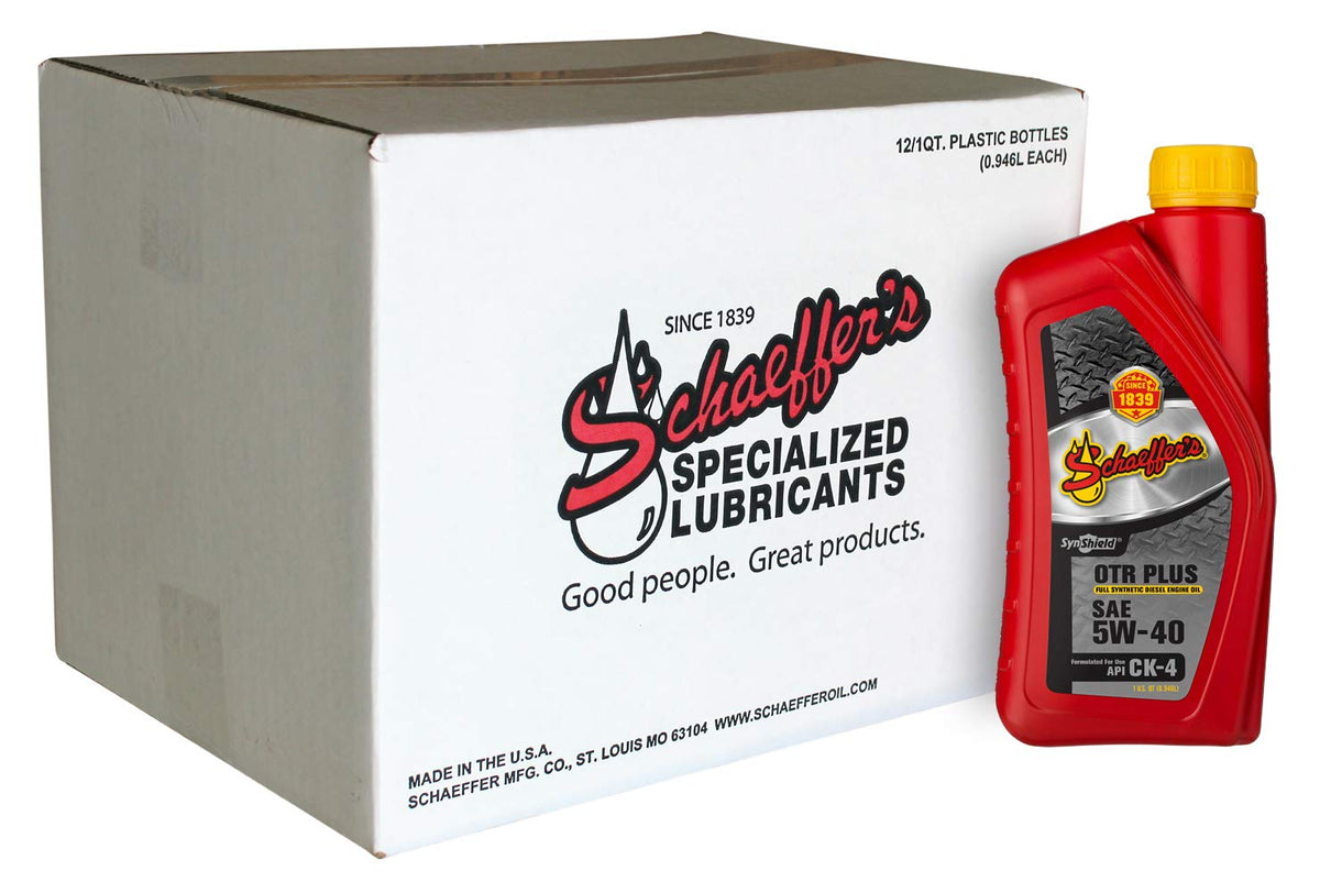 Schaeffer SynShield OTR Plus 1-quart bottle front view showing label and specification benefits