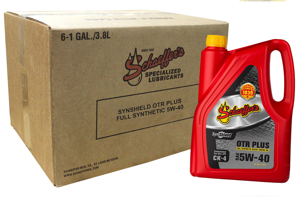 Schaeffer SynShield OTR Plus 5W-40 front bottle showing label and benefits