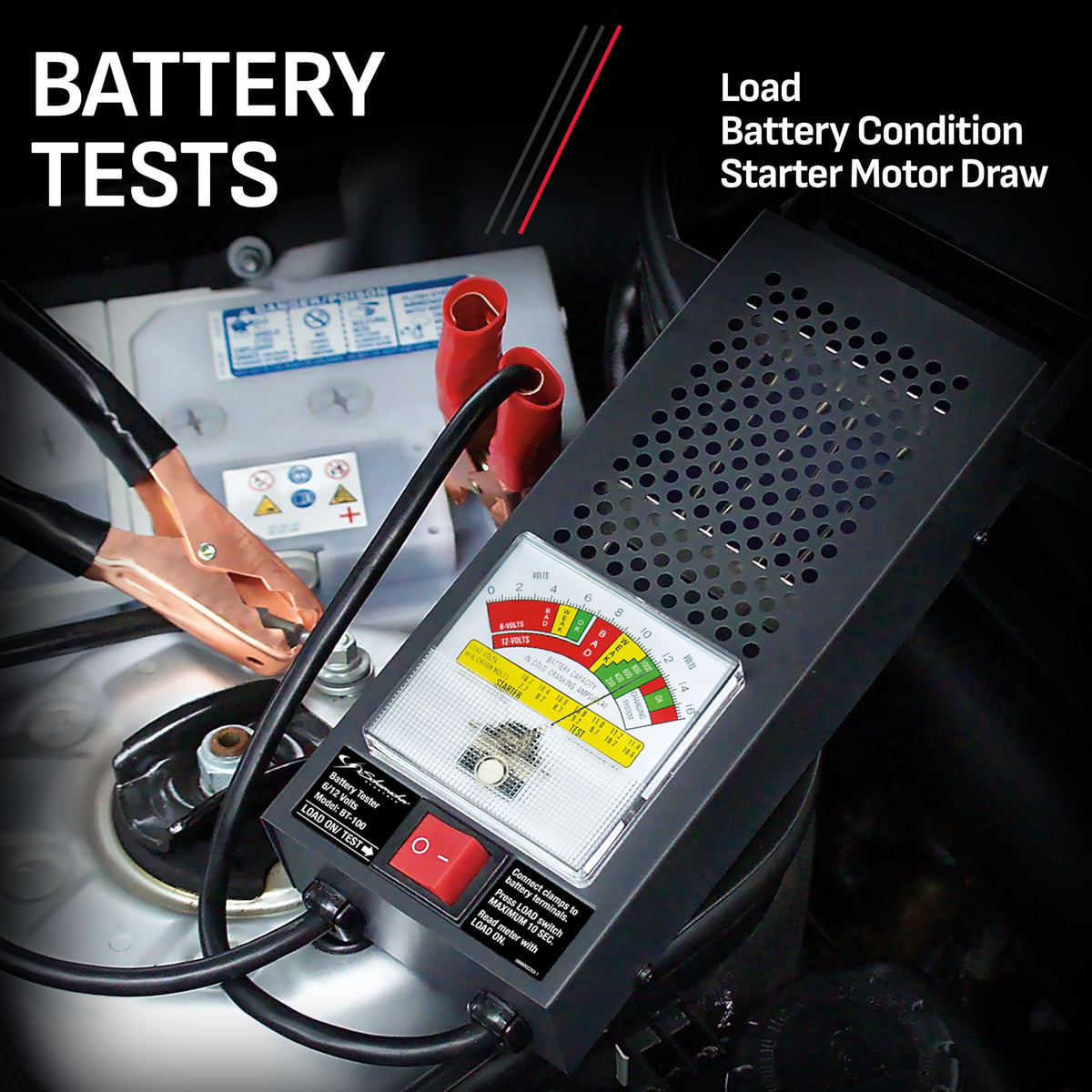 Schumacher BT-100 attached to a car battery demonstrating quick diagnostics benefit