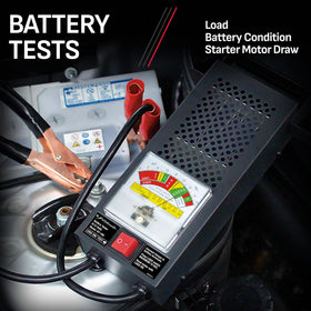 Schumacher BT-100 attached to a car battery demonstrating quick diagnostics benefit