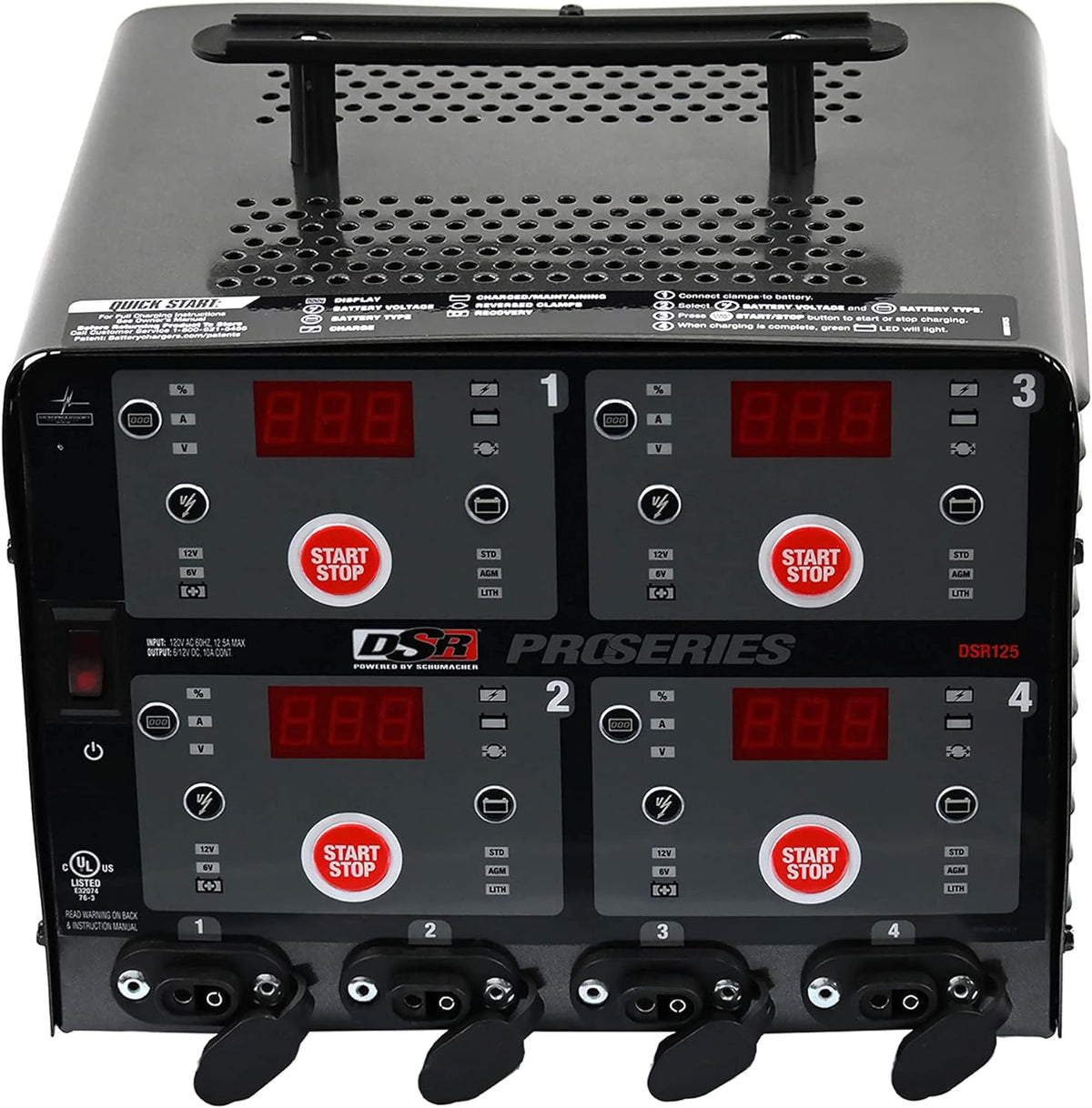 Schumacher DSR125 front panel showing controls and ports for quick setup and monitoring