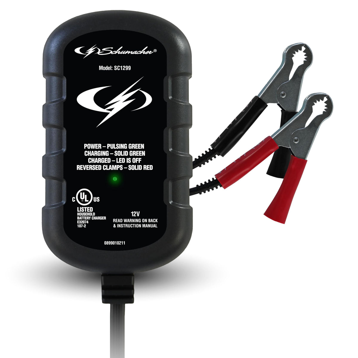 Schumacher Electric SC1299 front view showing LEDs and compact design for easy monitoring